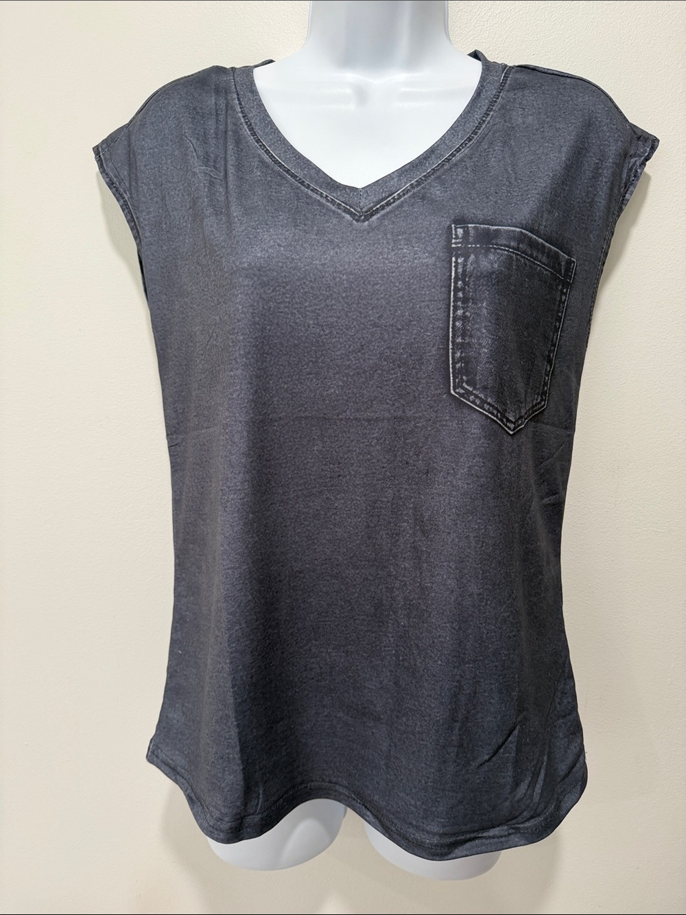 Women’s V-Neck Washed Navy Blue Pocket Top